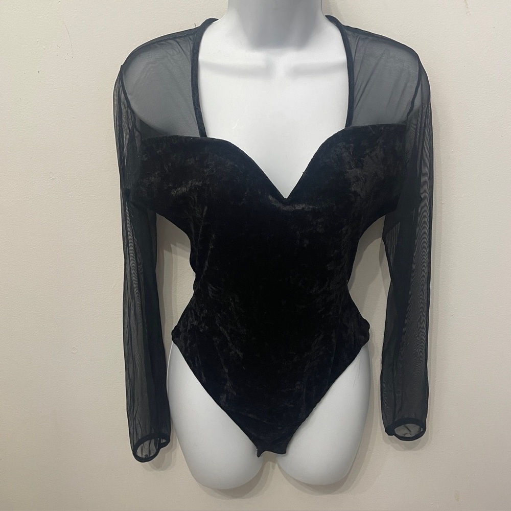 Vintage Velvet Bodysuit Sheer Plunge Neckline Women’s M